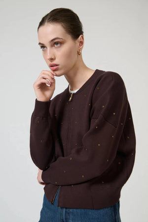 Agata Bomber Chocolate by Onte – cropped knit bomber with crystal embellishments and gold two way zip.