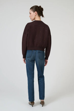 Agata Bomber Chocolate by Onte – cropped knit bomber with crystal embellishments and gold two way zip.