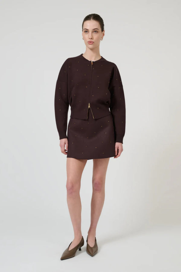 Agata Bomber Chocolate by Onte – cropped knit bomber with crystal embellishments and gold two way zip.