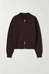 Agata Bomber Chocolate by Onte – cropped knit bomber with crystal embellishments and gold two way zip.
