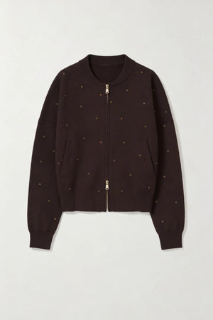 Agata Bomber Chocolate by Onte – cropped knit bomber with crystal embellishments and gold two way zip.