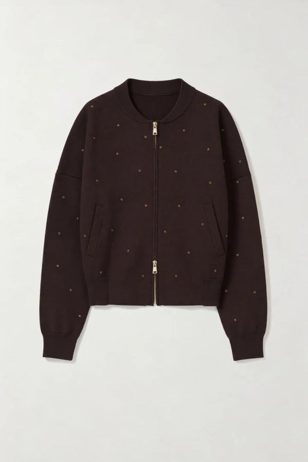 Agata Bomber Chocolate by Onte – cropped knit bomber with crystal embellishments and gold two way zip.