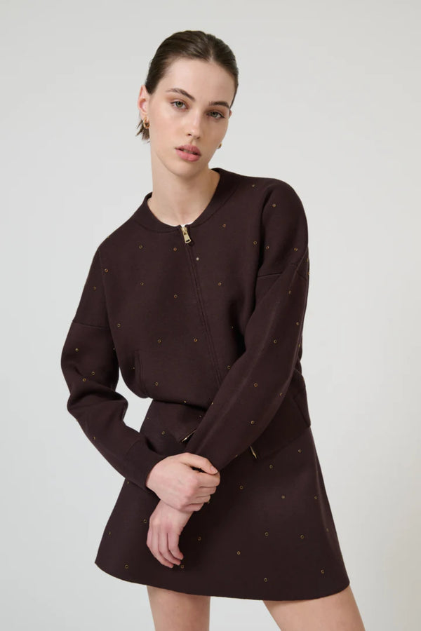 Agata Bomber Chocolate by Onte – cropped knit bomber with crystal embellishments and gold two way zip.