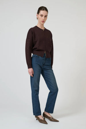 Agata Bomber Chocolate by Onte – cropped knit bomber with crystal embellishments and gold two way zip.