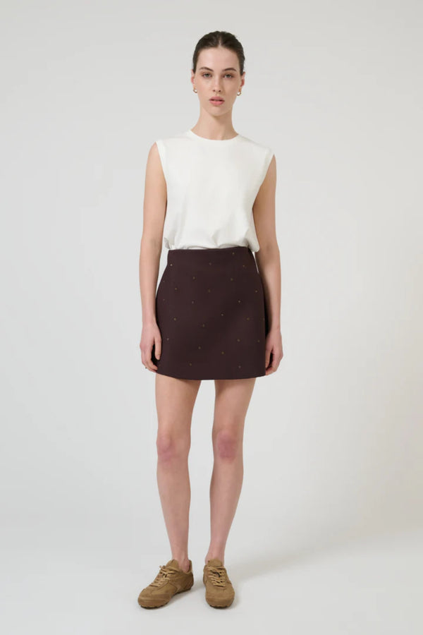 Agata Skirt Chocolate by Onte – crystal embellished mini skirt with structured knit fabric and A-line silhouette.