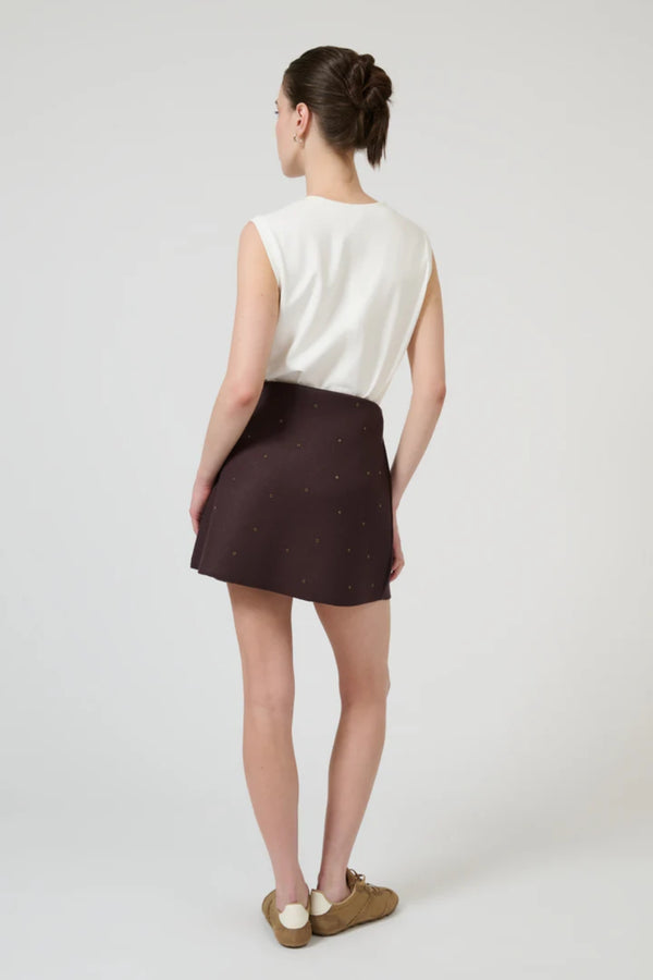 Agata Skirt Chocolate by Onte – crystal embellished mini skirt with structured knit fabric and A-line silhouette.