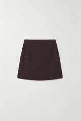 Agata Skirt Chocolate by Onte – crystal embellished mini skirt with structured knit fabric and A-line silhouette.