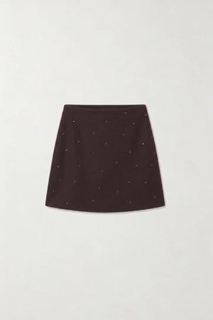 Agata Skirt Chocolate by Onte – crystal embellished mini skirt with structured knit fabric and A-line silhouette.