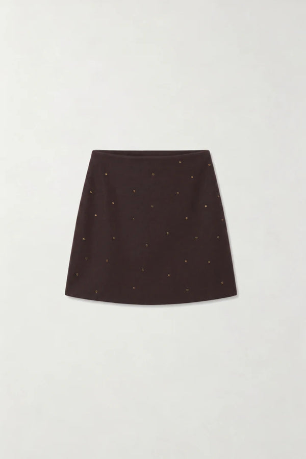 Agata Skirt Chocolate by Onte – crystal embellished mini skirt with structured knit fabric and A-line silhouette.