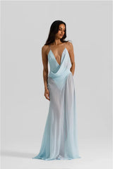Agnes Gown Ice Blue by Natalie Rolt – a bias-cut georgette gown with draped bust and open back. Perfect for standout events.