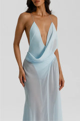 Agnes Gown Ice Blue by Natalie Rolt – a bias-cut georgette gown with draped bust and open back. Perfect for standout events.