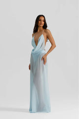 Agnes Gown Ice Blue by Natalie Rolt – a bias-cut georgette gown with draped bust and open back. Perfect for standout events.