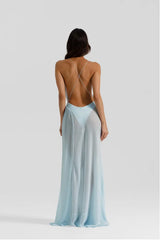 Agnes Gown Ice Blue by Natalie Rolt – a bias-cut georgette gown with draped bust and open back. Perfect for standout events.