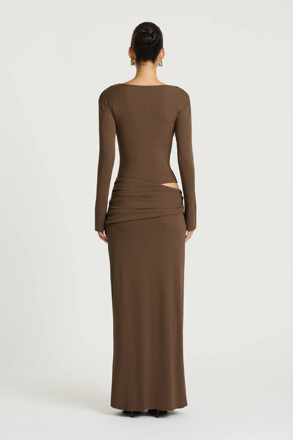 Agnes Maxi Dress in Chocolate by Benni, a ribbed long-sleeve maxi with deep plunge neckline, gathered bust, and subtle hip draping.