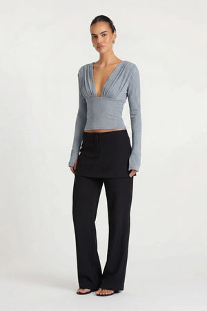 Agnes Top Mist Blue by Benni – ribbed long sleeve top with plunge neckline and gathered bust detailing.