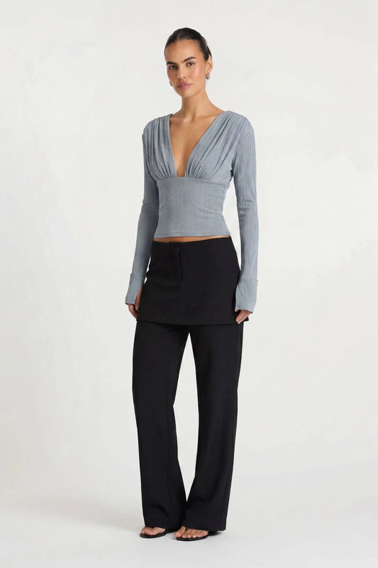 Agnes Top Mist Blue by Benni – ribbed long sleeve top with plunge neckline and gathered bust detailing.