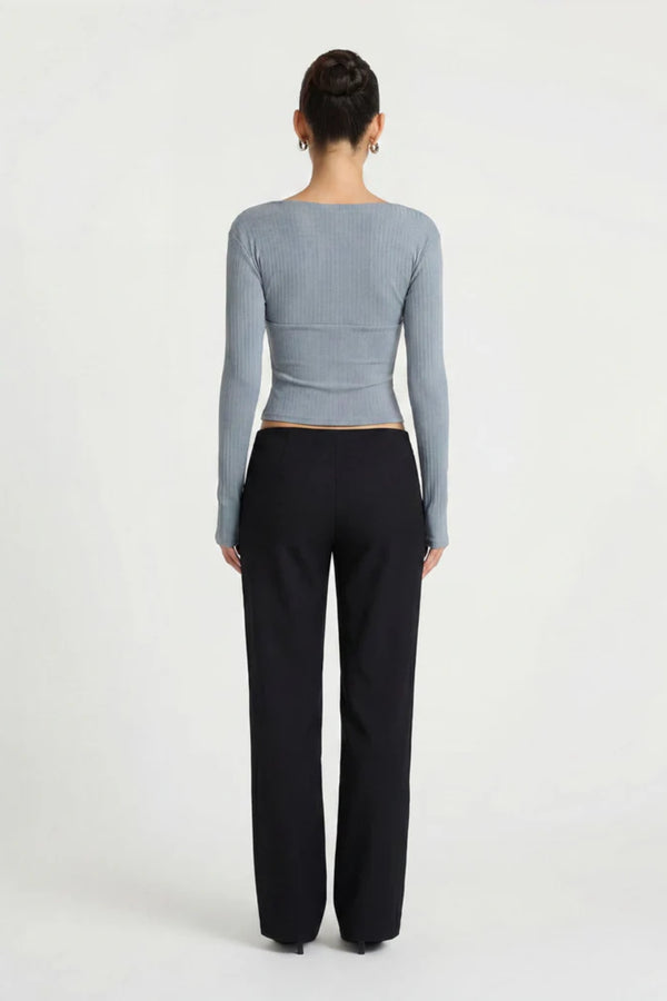 Agnes Top Mist Blue by Benni – ribbed long sleeve top with plunge neckline and gathered bust detailing.