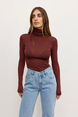Airlie Top Burgundy by Bayse – semi sheer turtleneck knit top with sleek second skin fit and long sleeves.