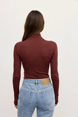 Airlie Top Burgundy by Bayse – semi sheer turtleneck knit top with sleek second skin fit and long sleeves.