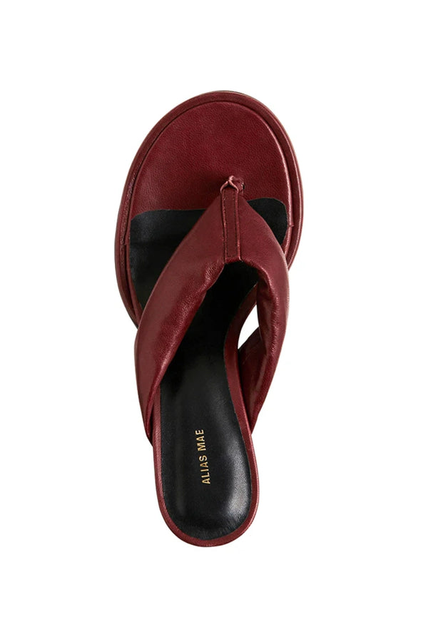 Aji Burgundy Leather by Alias Mae, padded leather thong sandal with 5cm heel, a trendy piece perfect for summer dresses or resort styling.
