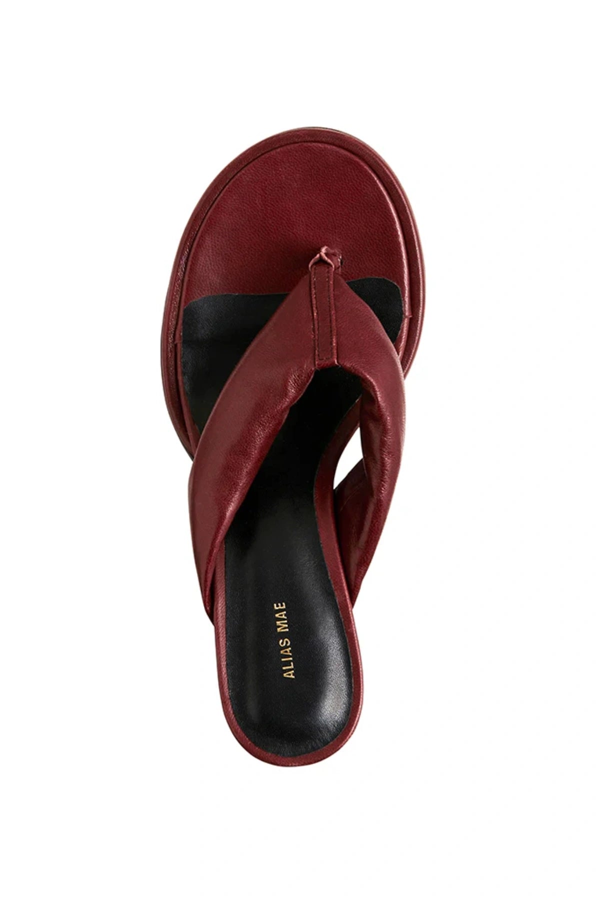 Aji Burgundy Leather by Alias Mae, padded leather thong sandal with 5cm heel, a trendy piece perfect for summer dresses or resort styling.