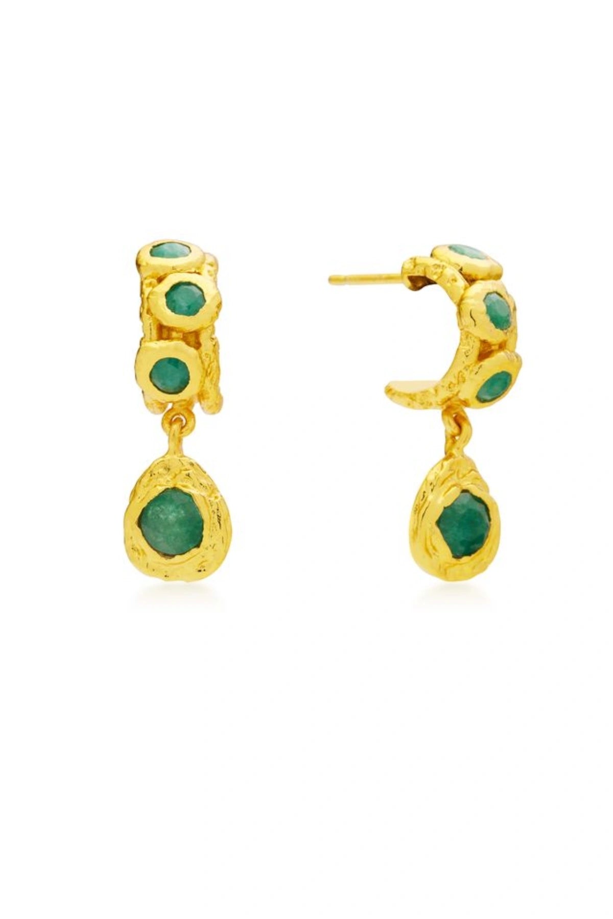 Alanya Earrings Green by Amber Sceats, sculptural gold hoops with Beryl Emeralds, a bold trendy style perfect for statement evenings.