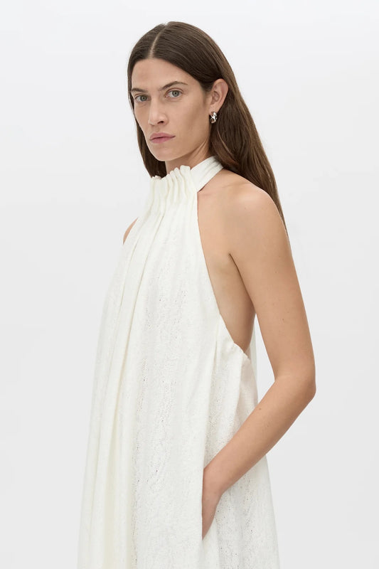 Alara Maxi Dress by Camilla and Marc, a cream halter neck maxi dress with gathered bodice, A-line skirt, and elegant pin-stitched details.