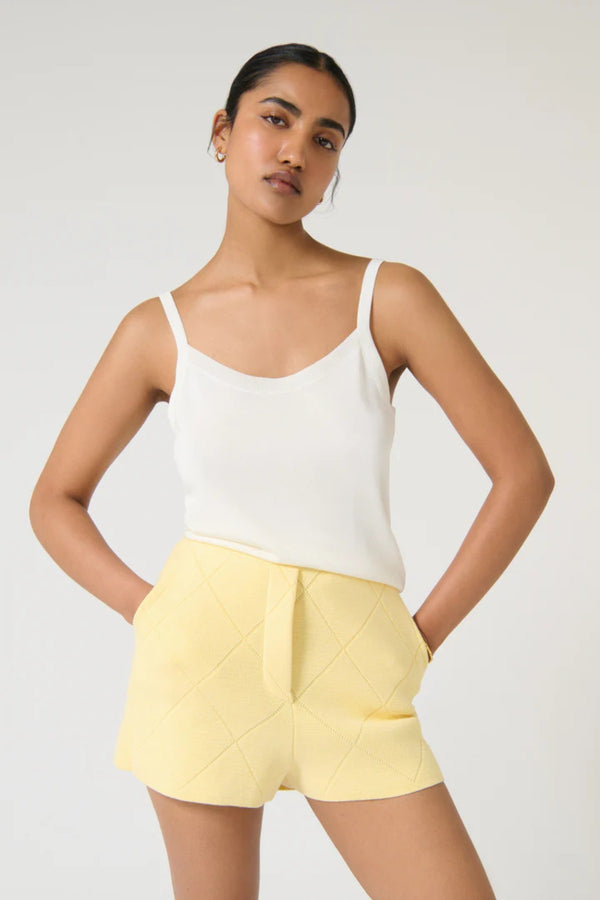Aldara Shorts by Onte, butter yellow cotton pointelle knit mini shorts with a soft A-line fit, perfect for relaxed summer styling.
