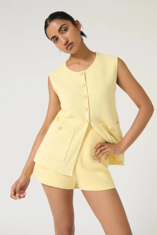 Aldara Shorts by Onte, butter yellow cotton pointelle knit mini shorts with a soft A-line fit, perfect for relaxed summer styling.