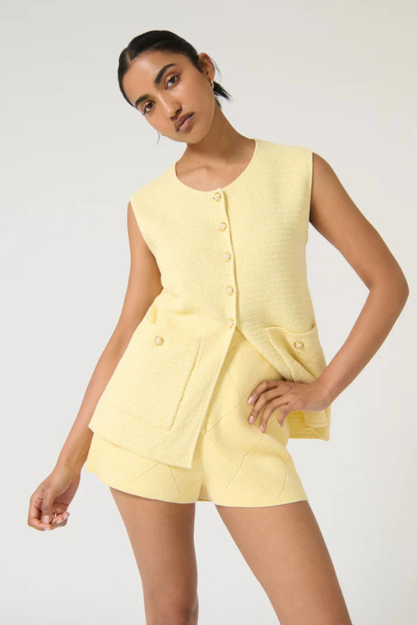 Aldara Shorts by Onte, butter yellow cotton pointelle knit mini shorts with a soft A-line fit, perfect for relaxed summer styling.