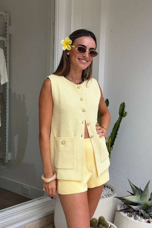 Aldara Shorts by Onte, butter yellow cotton pointelle knit mini shorts with a soft A-line fit, perfect for relaxed summer styling.