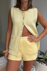 Aldara Shorts by Onte, butter yellow cotton pointelle knit mini shorts with a soft A-line fit, perfect for relaxed summer styling.