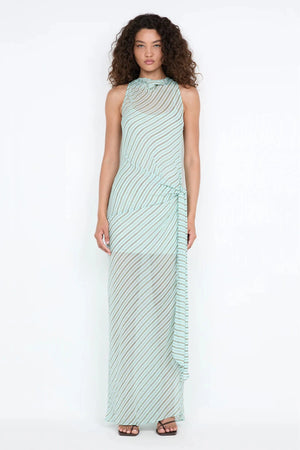 Algarve Cowl Maxi Dress by Bec and Bridge – a mint striped sheer cowl-neck maxi with a waist tie and slip, perfect for elegant resort evenings.