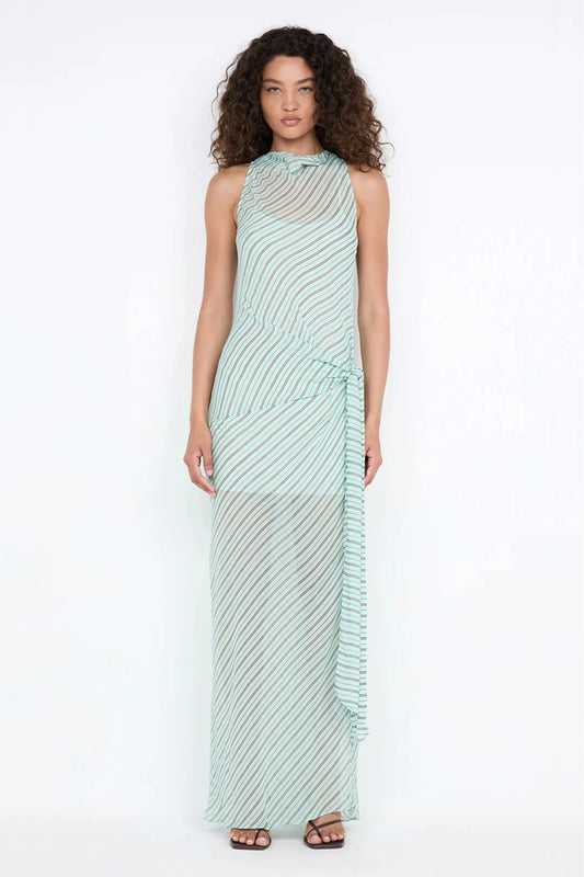 Algarve Cowl Maxi Dress by Bec and Bridge – a mint striped sheer cowl-neck maxi with a waist tie and slip, perfect for elegant resort evenings.
