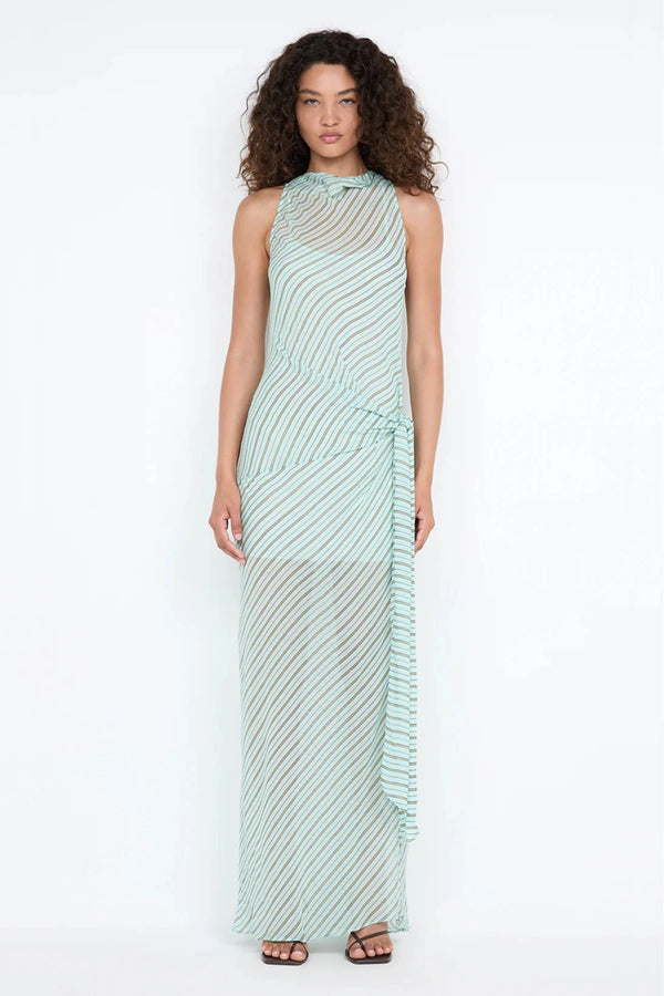 Algarve Cowl Maxi Dress by Bec and Bridge – a mint striped sheer cowl-neck maxi with a waist tie and slip, perfect for elegant resort evenings.