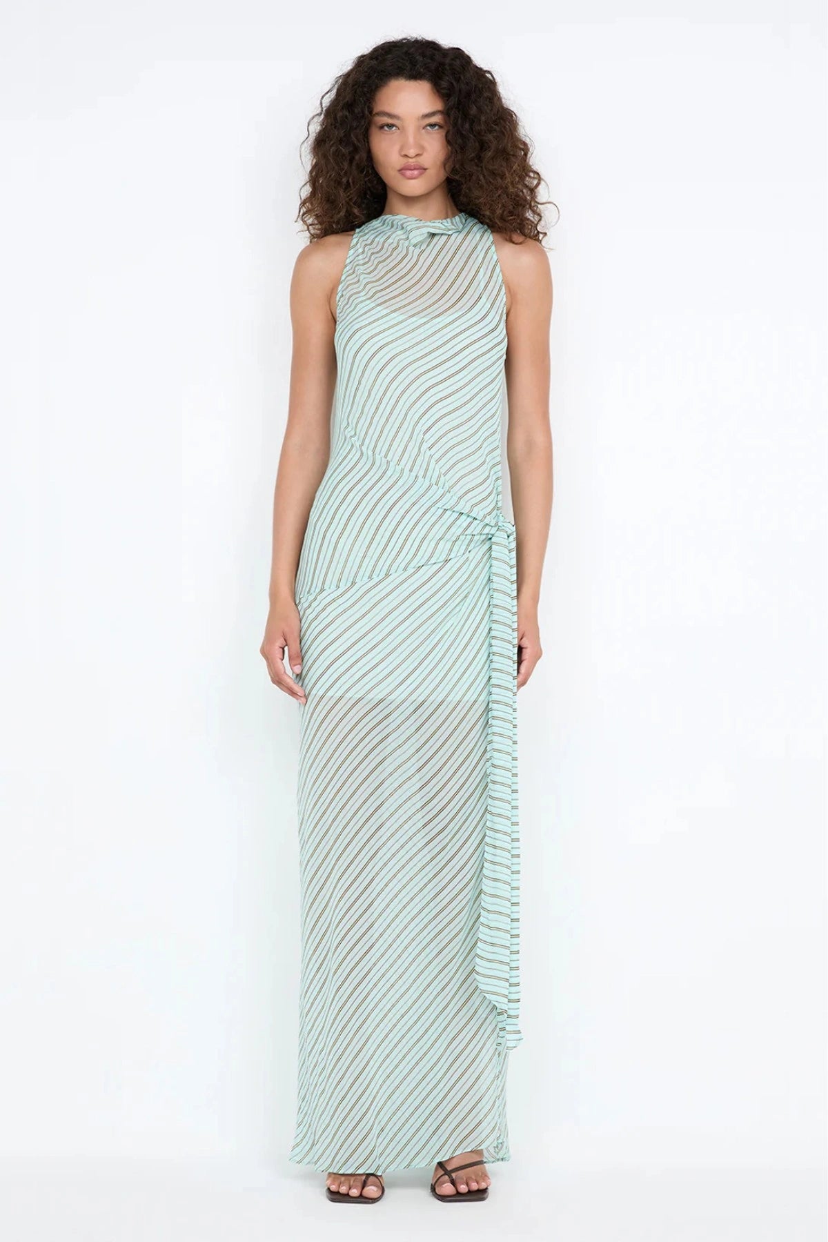 Algarve Cowl Maxi Dress by Bec and Bridge – a mint striped sheer cowl-neck maxi with a waist tie and slip, perfect for elegant resort evenings.