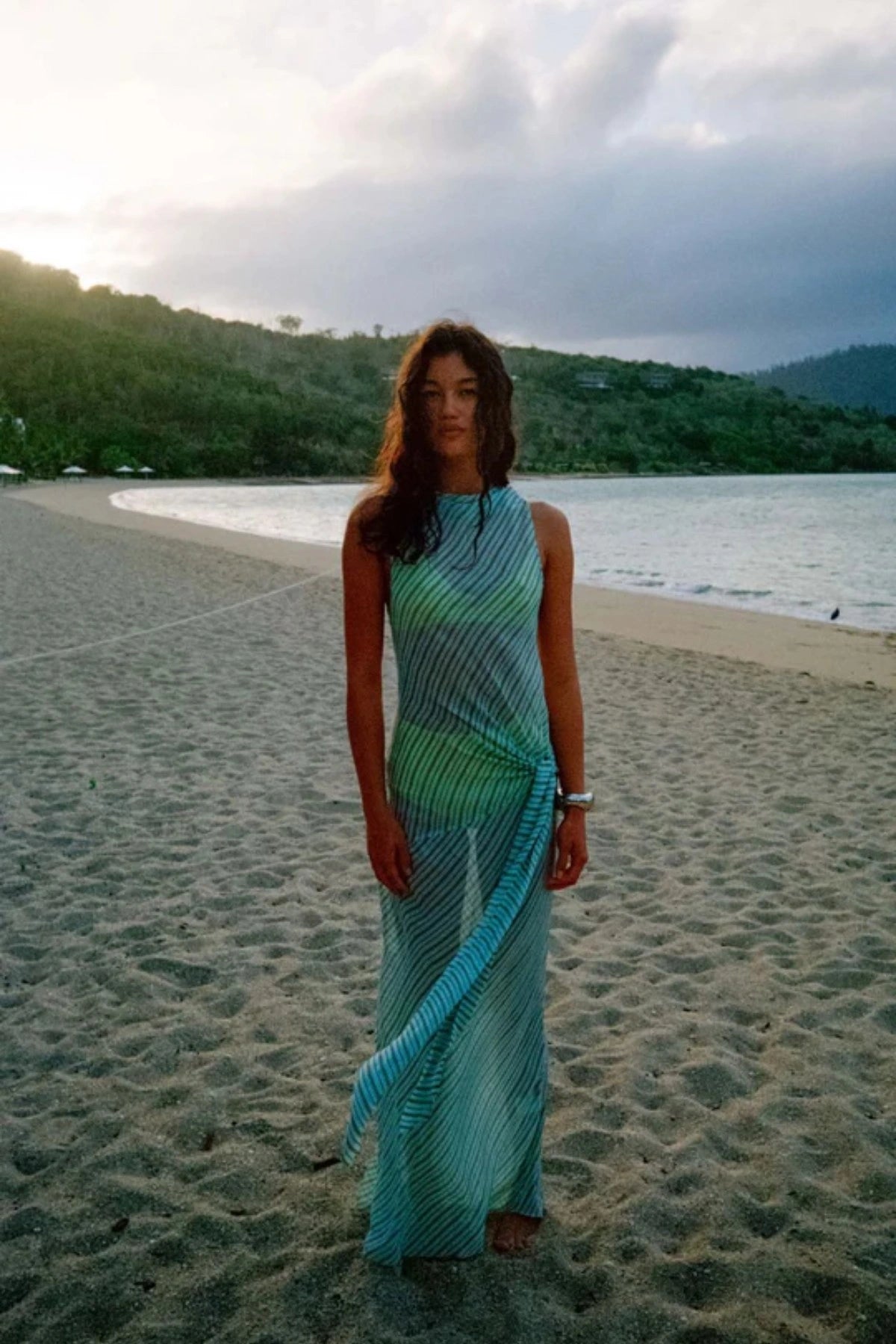 Algarve Cowl Maxi Dress by Bec and Bridge – a mint striped sheer cowl-neck maxi with a waist tie and slip, perfect for elegant resort evenings.