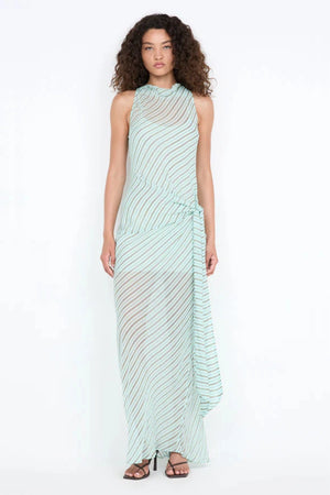 Algarve Cowl Maxi Dress by Bec and Bridge – a mint striped sheer cowl-neck maxi with a waist tie and slip, perfect for elegant resort evenings.