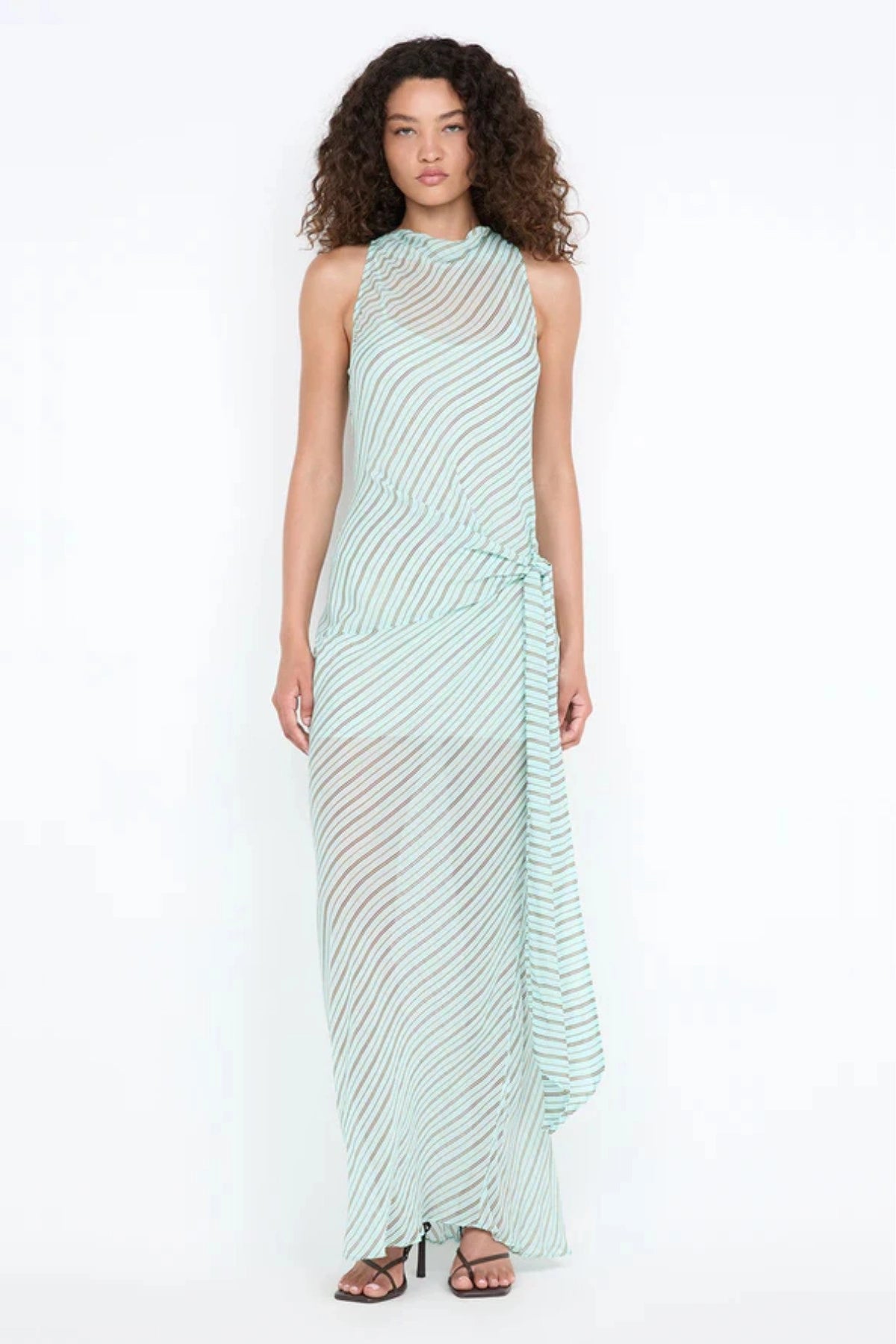 Algarve Cowl Maxi Dress by Bec and Bridge – a mint striped sheer cowl-neck maxi with a waist tie and slip, perfect for elegant resort evenings.