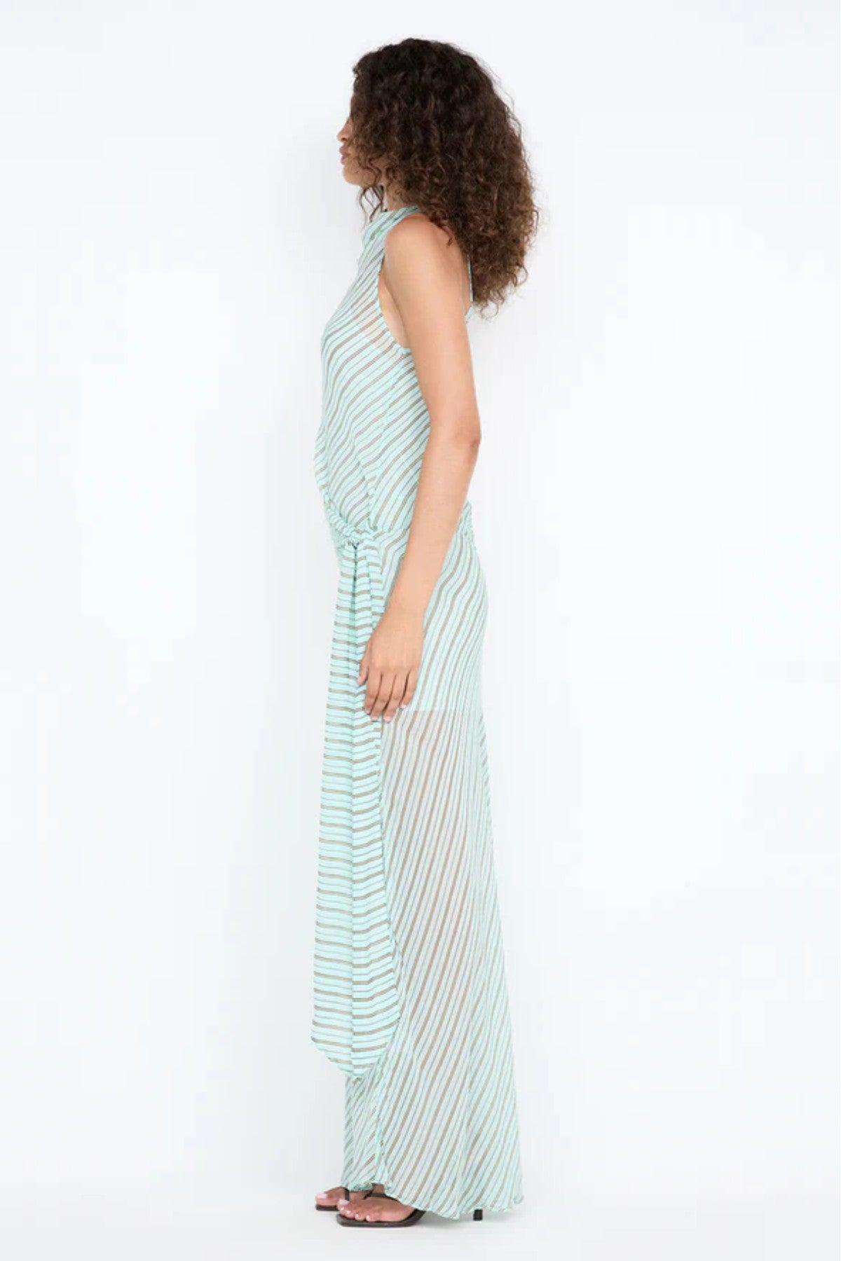 Algarve Cowl Maxi Dress by Bec and Bridge – a mint striped sheer cowl-neck maxi with a waist tie and slip, perfect for elegant resort evenings.