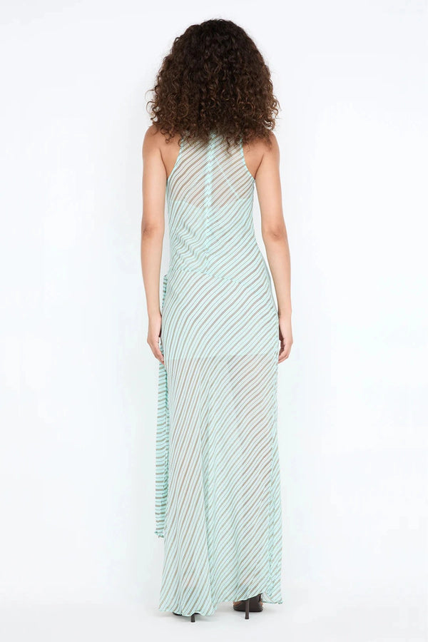 Algarve Cowl Maxi Dress by Bec and Bridge – a mint striped sheer cowl-neck maxi with a waist tie and slip, perfect for elegant resort evenings.