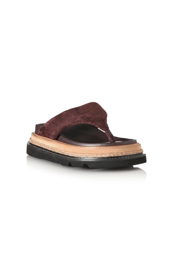 Alias Mae Vedi Sandal in Plum Suede, a bold padded thong design with chunky raffia-detailed flatform for chic summer styling.