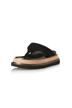 Alias Mae Vedi Sandal in Black Suede, a chic padded thong sandal with a raffia-wrapped chunky flatform. Perfect for modern summer looks.