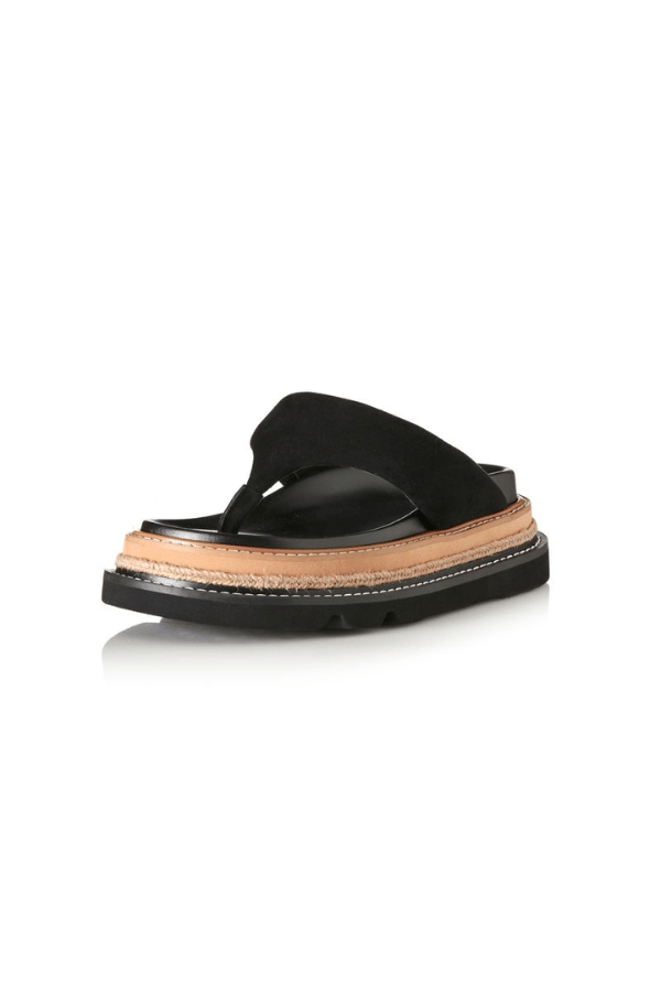 Alias Mae Vedi Sandal in Black Suede, a chic padded thong sandal with a raffia-wrapped chunky flatform. Perfect for modern summer looks.
