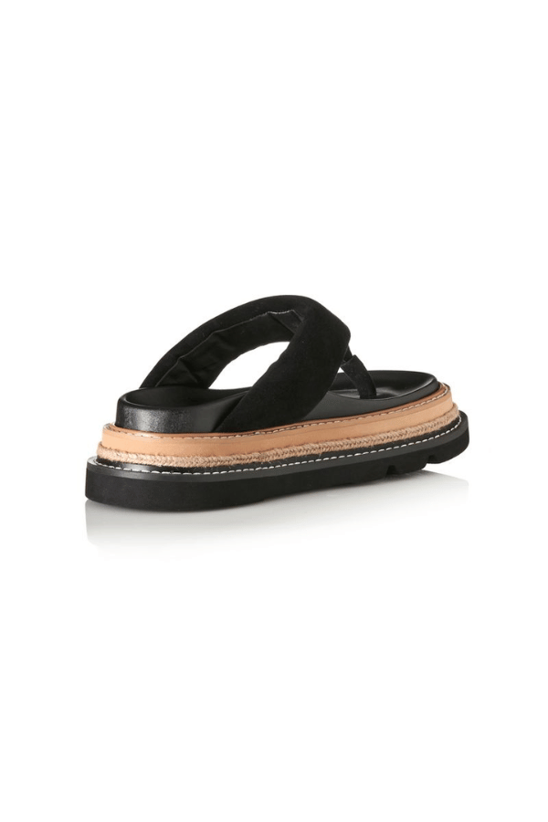 Alias Mae Vedi Sandal in Black Suede, a chic padded thong sandal with a raffia-wrapped chunky flatform. Perfect for modern summer looks.
