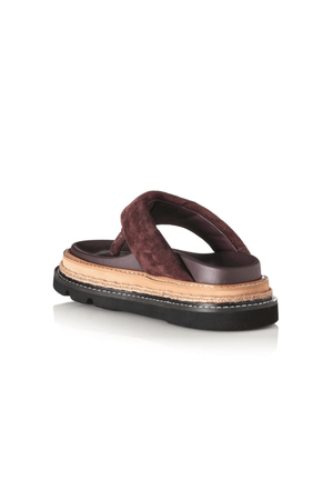 Alias Mae Vedi Sandal in Plum Suede, a bold padded thong design with chunky raffia-detailed flatform for chic summer styling.