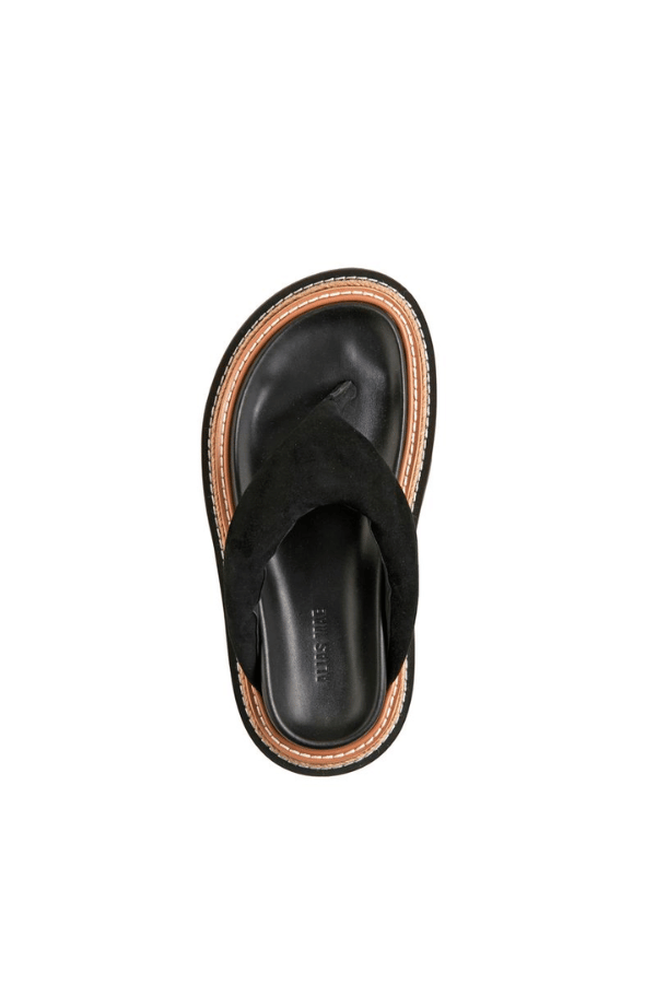 Alias Mae Vedi Sandal in Black Suede, a chic padded thong sandal with a raffia-wrapped chunky flatform. Perfect for modern summer looks.