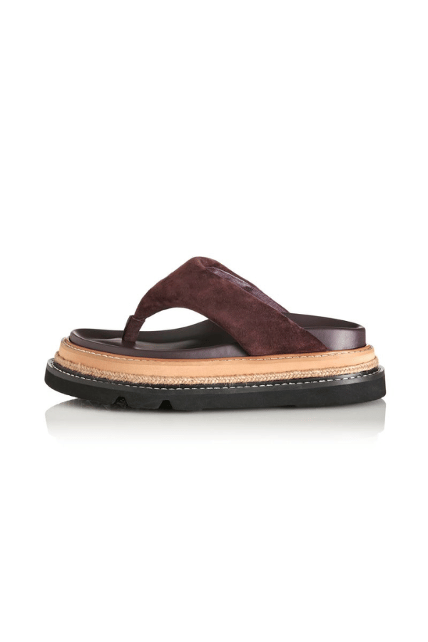 Alias Mae Vedi Sandal in Plum Suede, a bold padded thong design with chunky raffia-detailed flatform for chic summer styling.