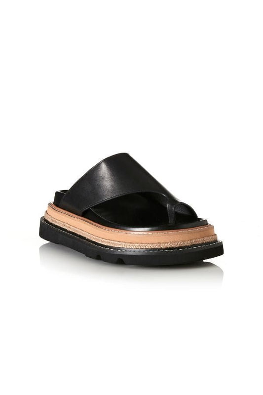 Alias Mae Venetia Sandal in Black Leather, a sleek toe-loop design with chunky raffia-detailed sole for elevated summer style.