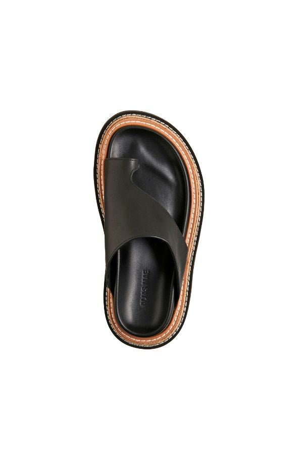 Alias Mae Venetia Sandal in Black Leather, a sleek toe-loop design with chunky raffia-detailed sole for elevated summer style.